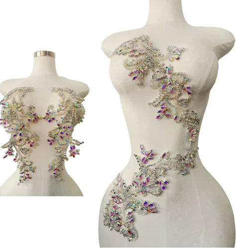 Miniatura 9 de Parches de apliques de encaje brillantes hechos a mano con cuentas de costura, lentejuelas y accesorios para vestido de novia, un par/bolsa Plata