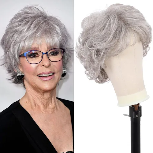 Miniatura 2 de Kalyss Peluca Corta Rizada Ondulada de 10" con Flequillo de Cabello Sintético Premium Resistente al Calor Pelucas Cortas con Aspecto de los Años 70