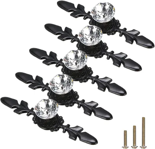 Juego de 5 pomos decorativos de cristal de diamante transparente con placa, tiradores para cajones y cómodas con 3 tipos de tornillos para
