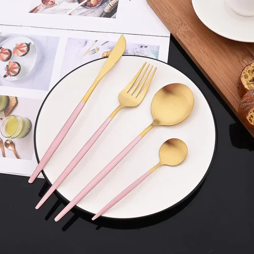 Miniatura 5 de JASHII Juego de 40 cubiertos de color rosa mate y dorado, juego de cubiertos de acero inoxidable para 8, incluye cucharadas de tenedor para tartas