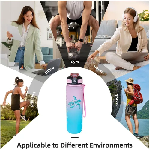 Miniatura 7 de Sea Turtle - Botella de agua con pajilla, a prueba de fugas, correa de transporte, sin BPA, botella de agua deportiva motivacional de 32 onzas