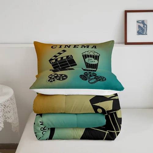 Miniatura 5 de Juego de edredón de cine tamaño individual, ropa de cama vintage de cine para niños, niñas y adultos, juego de edredón de palomitas de maíz