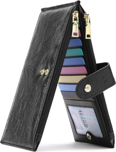 Miniatura 11 de GAEKEAO Cartera pequeña porta tarjetas de crédito para mujeres RFID de cuero delgada tipo pulsera con llavero y bolsillo con cremallera, Negro