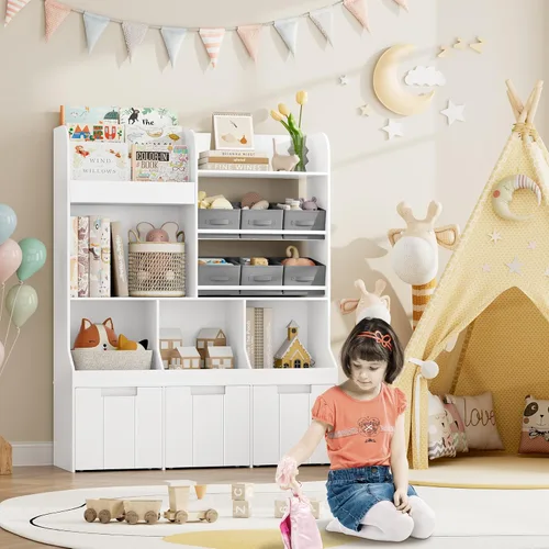 Miniatura 2 de BOTLOG Estantería infantil de 50.2 pulgadas de alto con organizador de almacenamiento de juguetes, baúl de almacenamiento de juguetes con 3 cofres