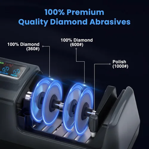Miniatura 2 de Afilador de cuchillos eléctrico 5 en 1 con abrasivos 100% diamante, variable de 3 velocidades con pantalla LCD para cuchillas de césped dentadas