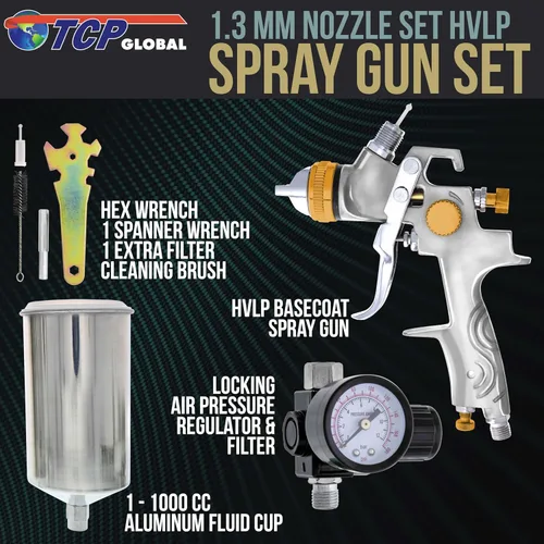 Miniatura 2 de TCP Global – Pistola pulverizadora por gravedad HVLP de 1,3 mm para capa base de pintura transparente para auto con regulador de aire (G6600 – 13)