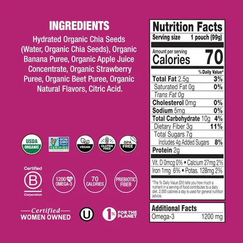 Miniatura 3 de Mamma Chia Organic Vitality Squeeze Snack, fresa y banano, 24 bolsas de chía de 3.05 onzas. Orgánico USDA, sin OMG, vegano, sin gluten y Kosher.