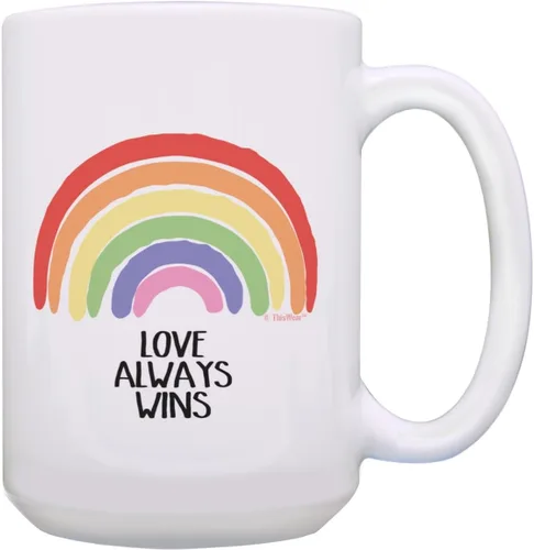Taza con diseño de arcoíris Love Always Wins LGBTQA Ally Gifts Gay Pride Gifts Hope - Taza de café de 15 onzas, color blanco