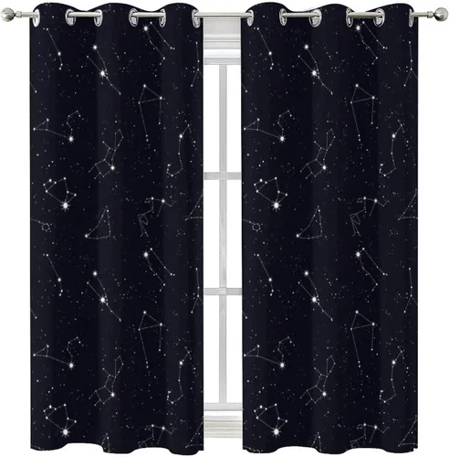 Miniatura 8 de Cortinas de Constelación, Arte Moderno Abstracto Patrón de Símbolos de Constelación Galaxia Negra Blanca, Tratamientos para Ventanas con Aislamiento
