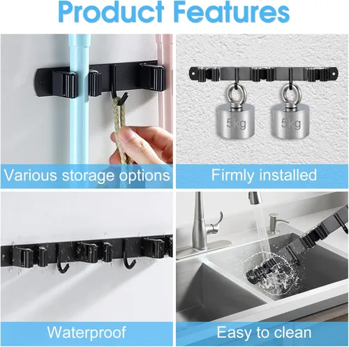 Miniatura 3 de Huryfox Soporte para fregona y escoba montado en la pared, resistente estante de acero inoxidable con ganchos utilitarios, 5 estantes, 4 ganchos