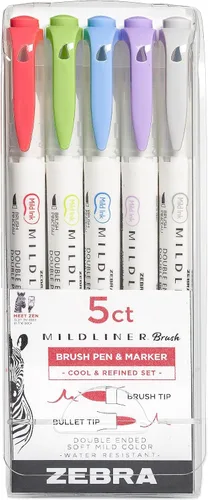 Zebra Pen, Mildliner 79205 - Bolígrafos de doble punta, paleta de colores frescos y refinados, 5 colores surtidos, punta fina y punta fina, tinta