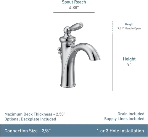 Miniatura 2 de Moen Brantford - Grifo de lavabo de baño tradicional cromado con una manija con placa opcional y kit de extensión de fregadero disponible, 6600