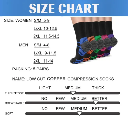 Miniatura 6 de 5 pares de calcetines de compresión de cobre para mujeres y hombres, calcetines de tobillo para fascitis plantar con soporte de arco para atletismo