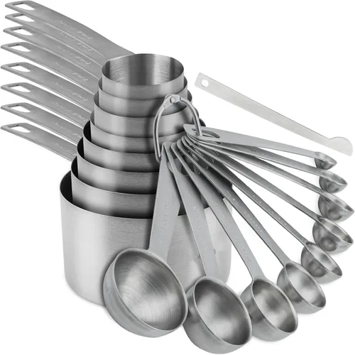 Juego de tazas y cucharas medidoras, juego de tazas y cucharas medidoras de acero inoxidable 18/8 con nivelador para cocina y hornear, herramientas