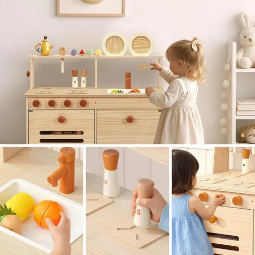 Miniatura 6 de PairPear Cocina de Juego para Niños, Cocina de Juego Grande de Madera Natural para Niños con Accesorios de Simulación con Manualidades DIY