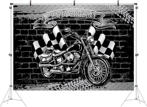 Miniatura 2 de Ticuenicoa Telón de fondo de fiesta de cumpleaños de motocicleta para fotografía, bandera negra y blanca, fondo de pared de ladrillo para hombres