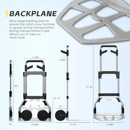 Miniatura 3 de Teprovo - Carretilla de mano plegable de 340 libras de capacidad, carrito portátil de aluminio con mango telescópico y ruedas de goma de 7 pulgadas