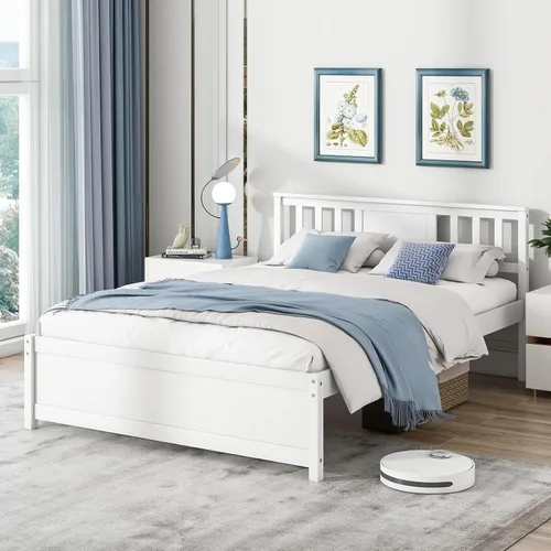 Miniatura 3 de Giantex Marco de cama de plataforma de madera maciza de tamaño matrimonial, marco de cama matrimonial de mediados de siglo con cabecero, soporte