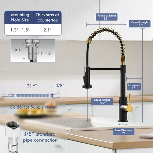 Miniatura 3 de GIMILI Grifo de cocina sin contacto negro y dorado con rociador extraíble, sensor de movimiento, grifo activado manos libres para fregadero de cocina