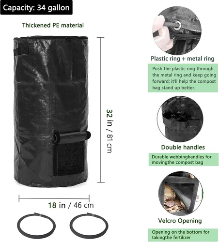 Miniatura 3 de Bolsas de compost de 34 galones, bolsas de compost de jardín reutilizables al aire libre, desechos orgánicos, bolsa de compostaje para jardín