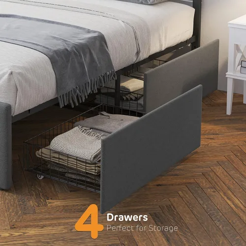 Miniatura 4 de GAOMON Base de cama de tamaño matrimonial con 4 cajones de almacenamiento y cabecero, base de colchón tapizada con plataforma completa, base