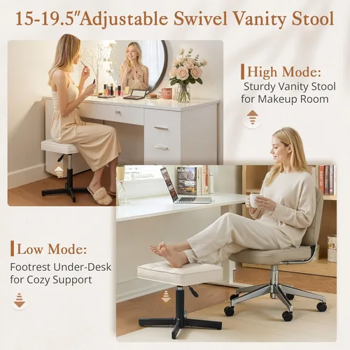 Miniatura 3 de LUE BONA Taburete de tocador ajustable, reposapiés de 15 a 19.5 pulgadas debajo del escritorio, silla giratoria de 360° para sala de maquillaje