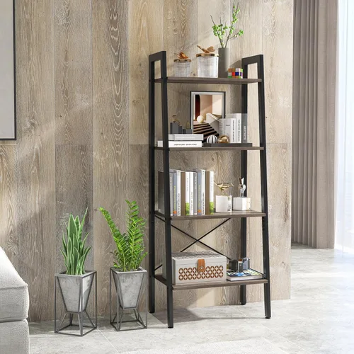 Miniatura 2 de Tangkula Estantería de escalera, estantería industrial de madera de 4 niveles con marco de metal, dispositivo antivuelco, estante de escalera