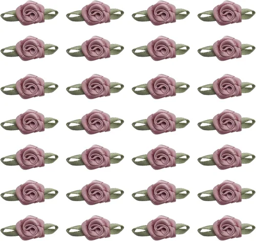 Miniatura 10 de 50 piezas de rosas de satén con hojas verdes, lazos de cinta mini lindos, suministros de flores artificiales de tela, adorno de aplique