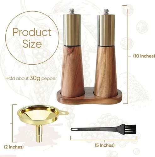 Miniatura 4 de Juego de molinillo de sal y pimienta dorado, molinillo de pimienta de madera, molinillo manual de sal y pimienta, grosor ajustable, parte superior
