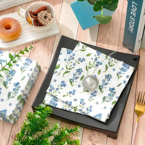 Miniatura 3 de AnyDesign Paquete de 80 servilletas de almuerzo florales azules, desechables, acuarela, flores, servilleta de papel, olvides de miosotis, Sylvatica