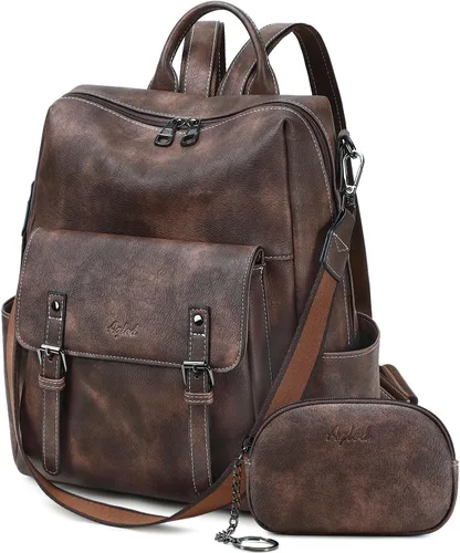 Miniatura 9 de AGLOD Mochila de cuero sintético para mujer, bolsos de viaje de moda para mujer, bolsos de viaje de trabajo de imitación, Beige- negro-marrón