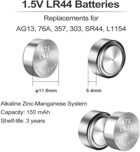 Miniatura 7 de PGSONIC Paquete de 50 baterías LR44, pilas de botón alcalinas de 1.5 voltios con potencia de larga duración