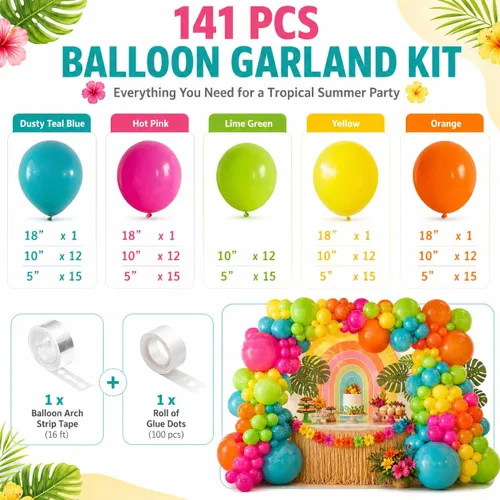 Miniatura 2 de Kit de guirnalda de arco de globos tropicales de verano, 141 globos de látex de color rosado intenso, verde lima, naranja, azul pizarra y amarillo