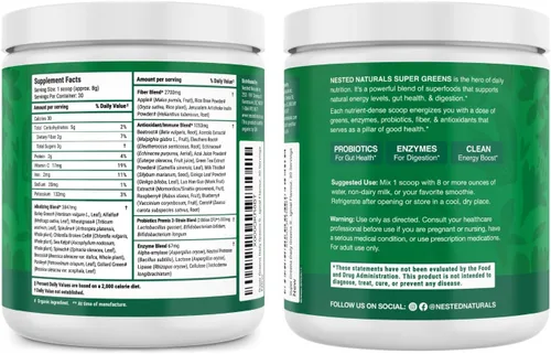 Miniatura 9 de SUPER GREENS Veggie Greens Superfood en polvo con 20 ingredientes orgánicos: espirulina, chlorella, cebada y otros, además de frutas orgánicas