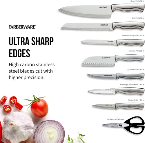 Miniatura 3 de Farberware EdgeKeeper - Juego de cuchillos de cocina de acero inoxidable estampado con bloque autoafilable, asas ergonómicas, se recomienda lavar a