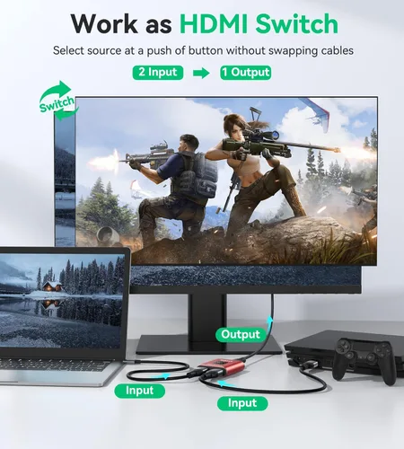 Miniatura 2 de GANA - Conmutador HDMI de aluminio bidireccional, con capacidad de 4k a 60 hercios y salida divisora de 2 en 1, hub HDMI HD manual apto para Xbox
