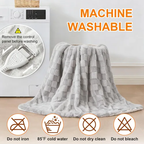 Miniatura 7 de Manta térmica eléctrica tamaño matrimonial – Manta jacquard a cuadros Sherpa de 72 x 84 pulgadas, manta de cama de calentamiento rápido con 6