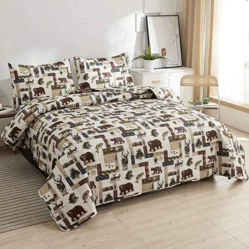 Miniatura 2 de Juego de edredón rústico de alce tamaño matrimonial/queen, colcha estilo lodge ligera de verano para cabaña, ropa de cama de campo, oso del bosque