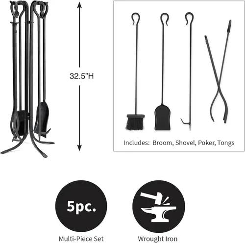 Miniatura 3 de Plow & Hearth Juego de 5 herramientas compactas de hierro forjado a mano para chimenea de 32.5 pulgadas Mango de hierro forjado negro