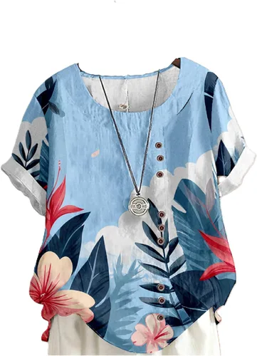 Miniatura 13 de domirica Camisetas de verano para mujer 2024 con estampado de flores, algodón, lino, manga corta, cuello redondo, camisas casuales de moda