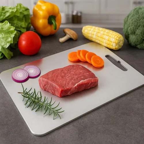 Miniatura 4 de Tabla de cortar de titanio de 13.4 x 9 pulgadas, tabla de cocina de titanio 100% puro, superficie antideslizante, apta para lavavajillas, resistente