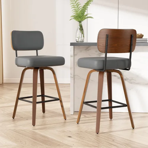 Miniatura 67 de Juego de 1 taburete de bar giratorio, taburetes de bar tapizados de 26" de altura para encimera con respaldo de nogal y patas de madera curvada