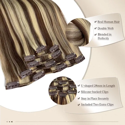 Miniatura 4 de Extensiones de cabello rubio ceniza con reflejos, extensiones de cabello humano real con clip, de 12 pulgadas, 2.47 onzas, doble trama, invisible