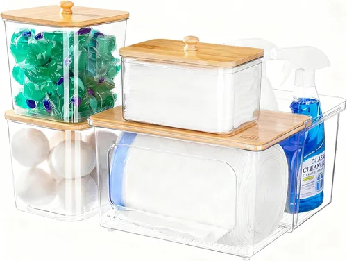 Miniatura 7 de iCASA Soporte dispensador de bolsas de basura – Organizador de acrílico 2 en 1 para debajo del fregadero, contenedor de bolsas de basura con tapa