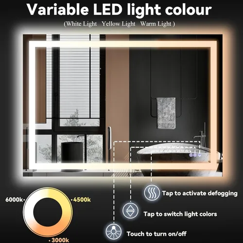 Miniatura 4 de VooBang Espejo de baño con luces de 30 x 30 pulgadas, 3 modos de iluminación ajustables, espejo de tocador de baño LED, antivaho y función