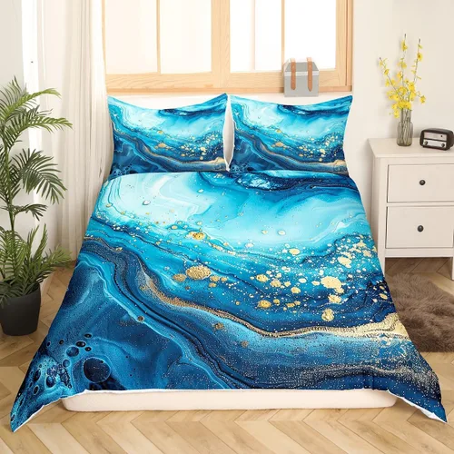 Funda de edredón de mármol azul tamaño King, juego de ropa de cama de mármol colorido líquido abstracto, arco iris, funda de edredón de arena Patrón