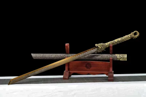 Miniatura 8 de Espada china de la dinastía Tang Dao de acero al carbono, hoja recta afilada, katana con patrón de dragón, funda Dorado