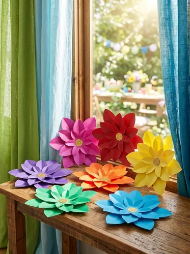 Miniatura 5 de Juego de 7 flores de papel arcoíris para pared de 10 pulgadas, decoración de telón de fondo para fiesta temática de arcoíris, fiesta de cumpleaños