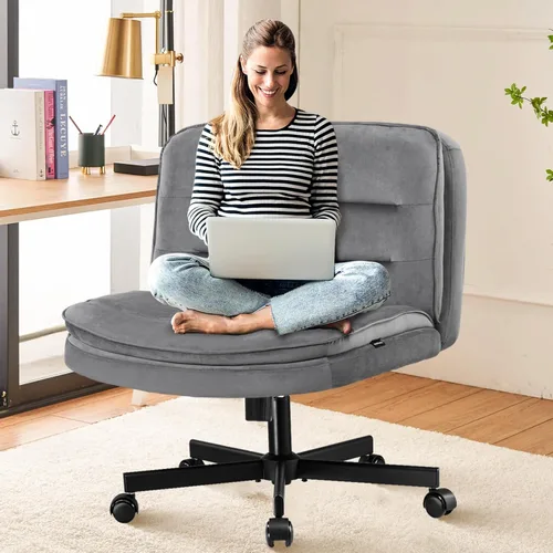 Miniatura 10 de COMHOMA Silla cruzada con ruedas, silla de oficina con patas cruzadas sin brazos, silla de escritorio ancha para oficina en casa, silla giratoria