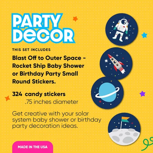 Big Dot of Happiness Blast Off to Outer Space - Calcomanías redondas pequeñas para baby shower o fiesta de cumpleaños, diseño de barco cohete, 324